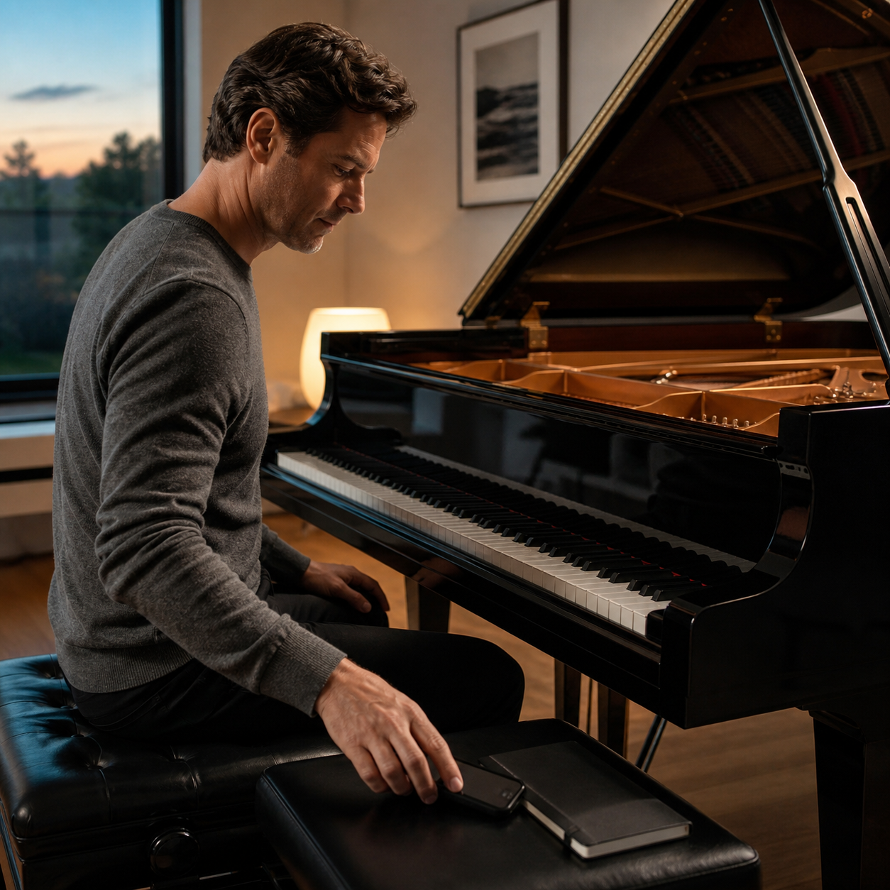Adult learner putting a phone aside before piano practice