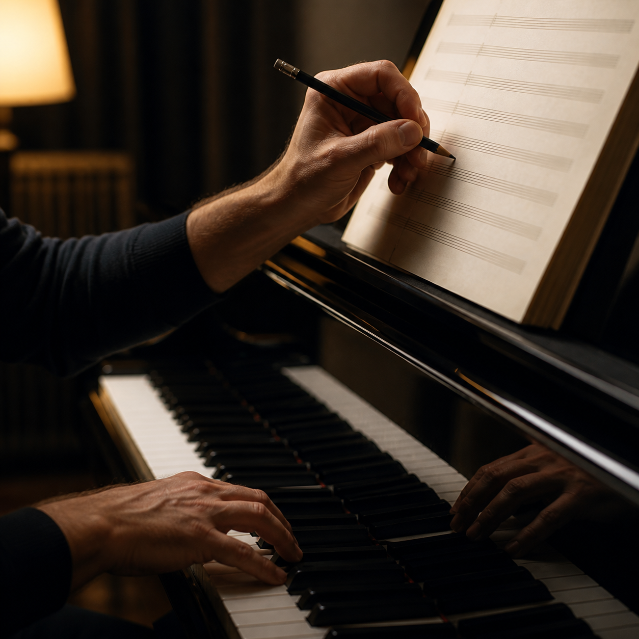 Adult pianist marking a short focused passage at the piano