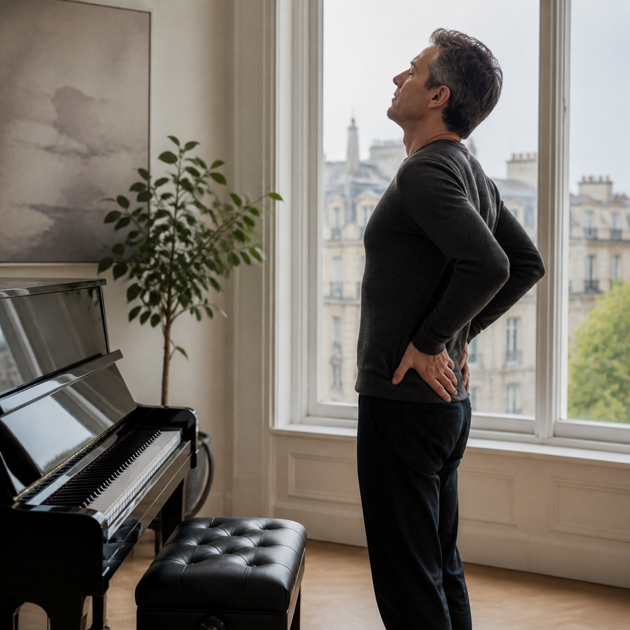 Adult pianist taking a purposeful stretch beside the piano