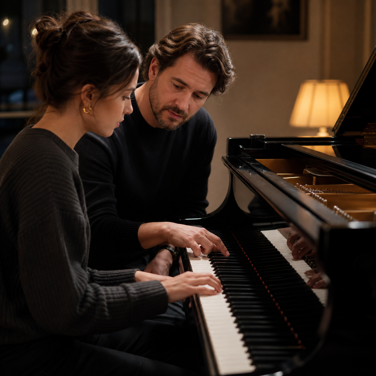 Adult learner and teacher comparing a repeated piano passage