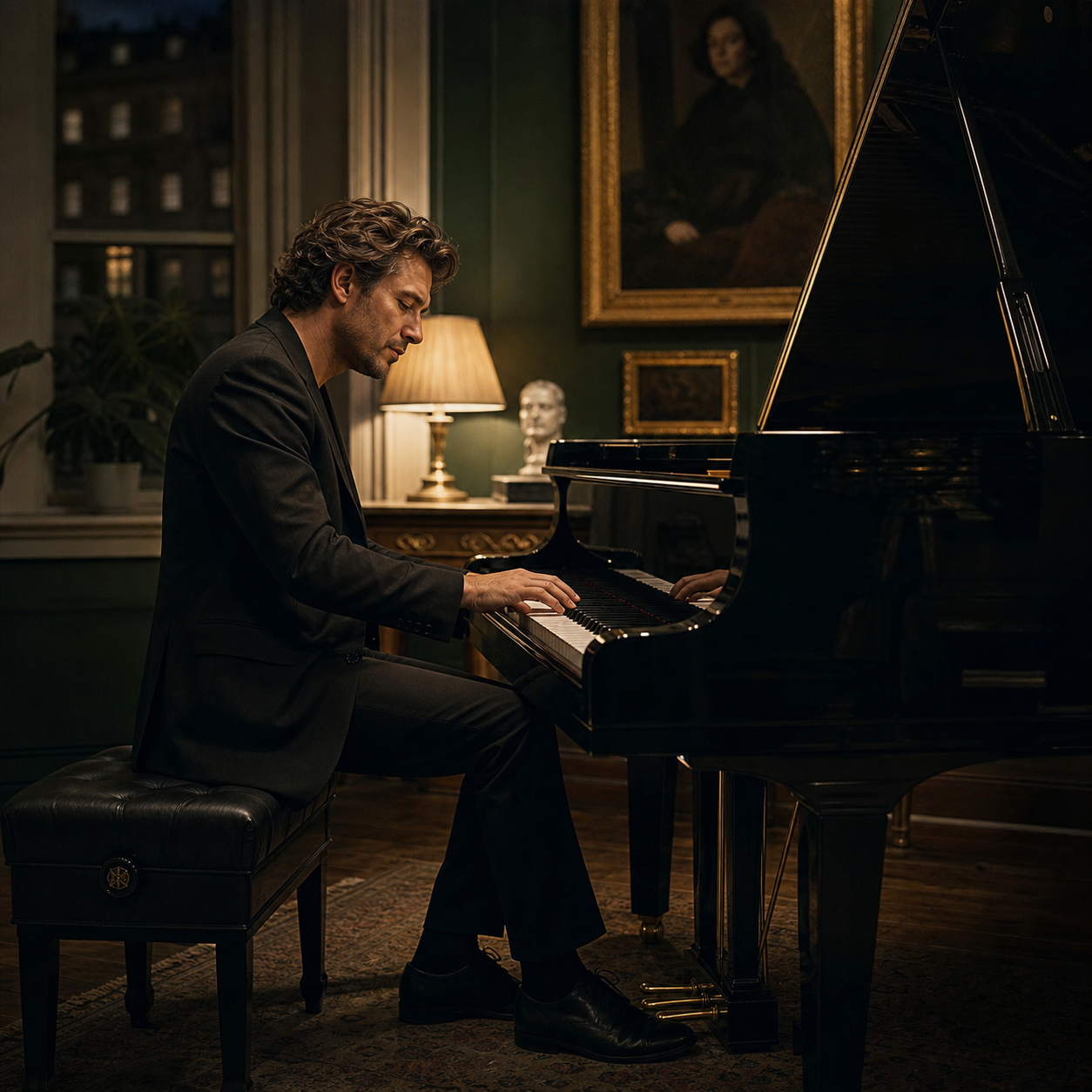 Adult pianist recalling music in an evening studio