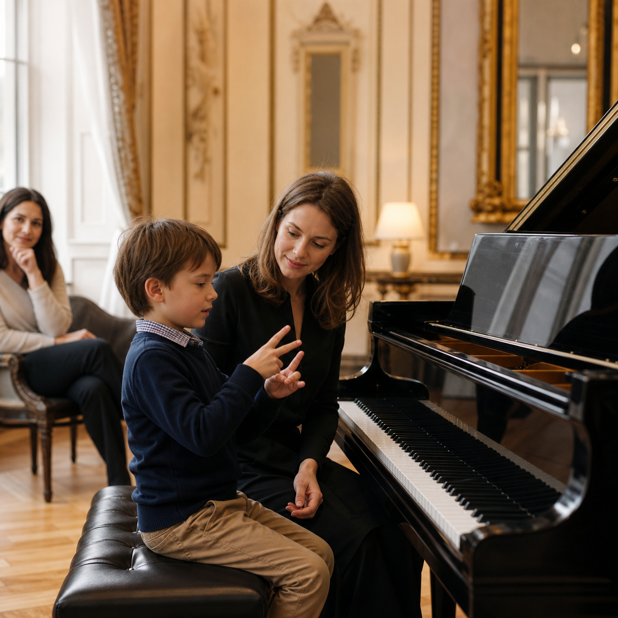 Child piano readiness through rhythm and listening Child using rhythm and listening games in a first piano lesson