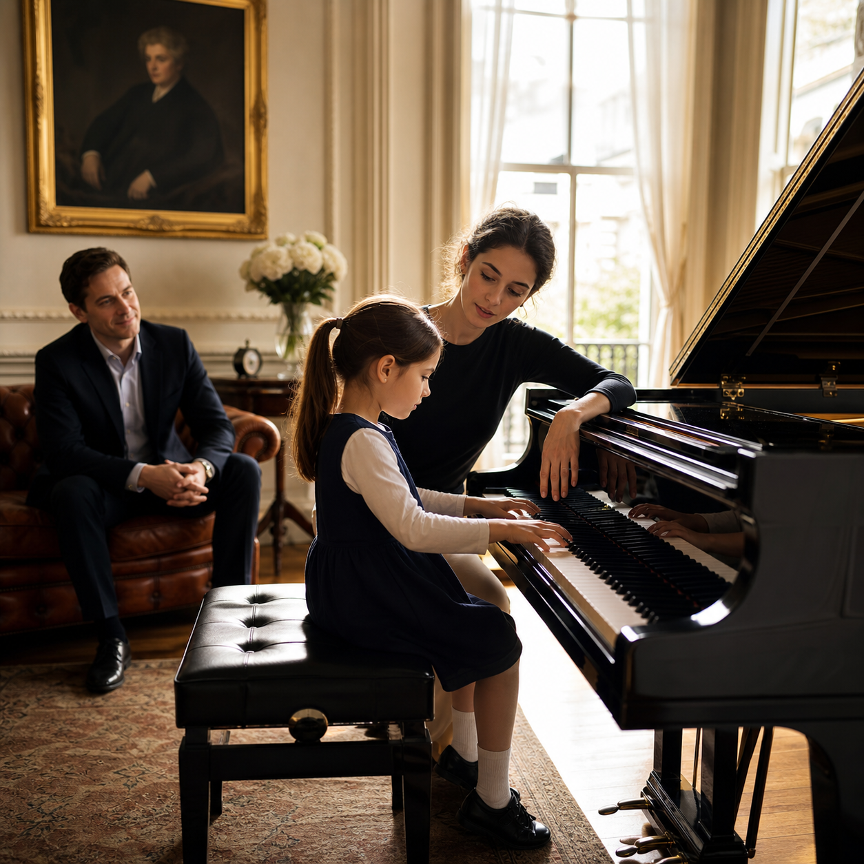 Parent observing a first piano lesson Parent observing a gentle first piano lesson in London