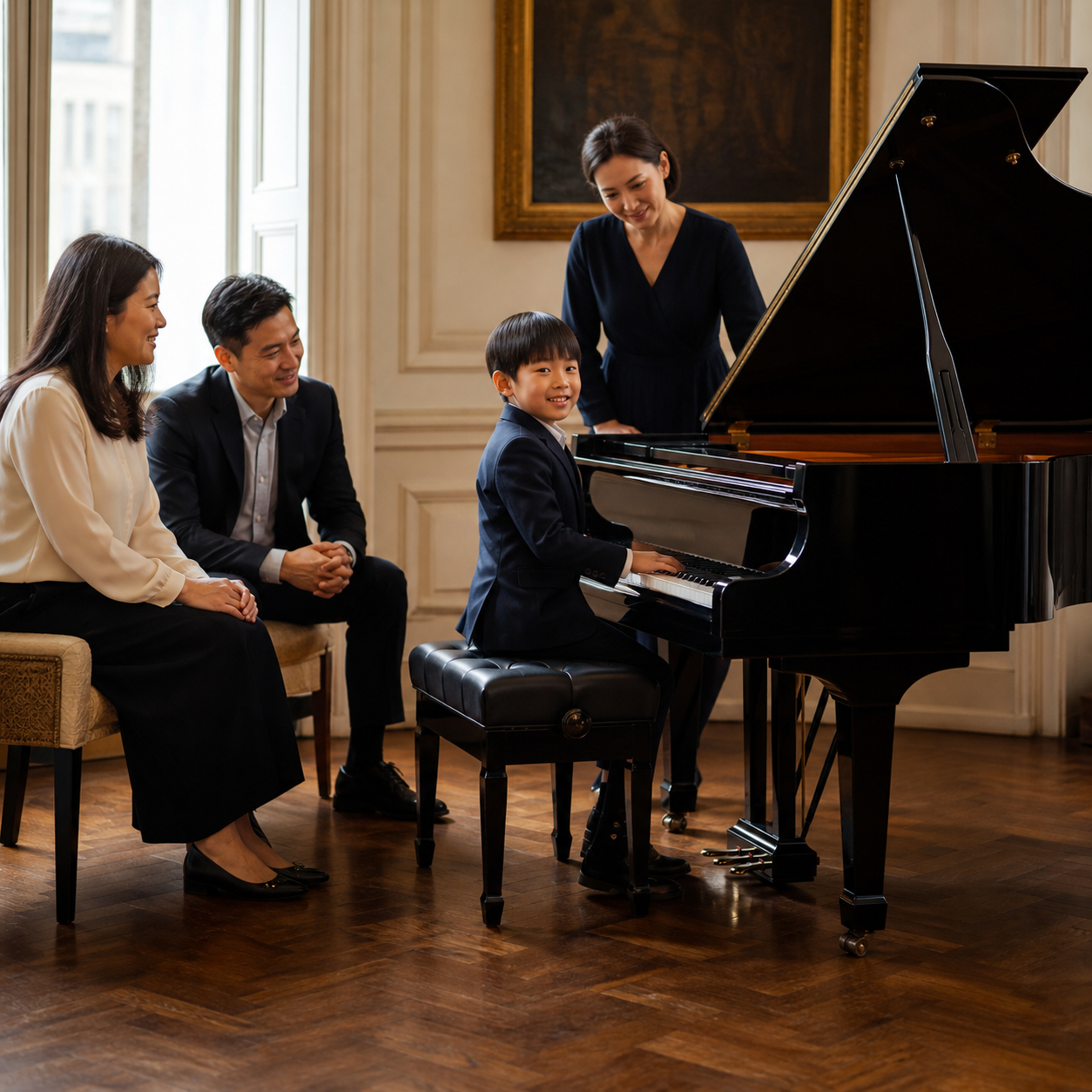 A positive first piano practice experience Child smiling after a short first piano practice with parent and teacher