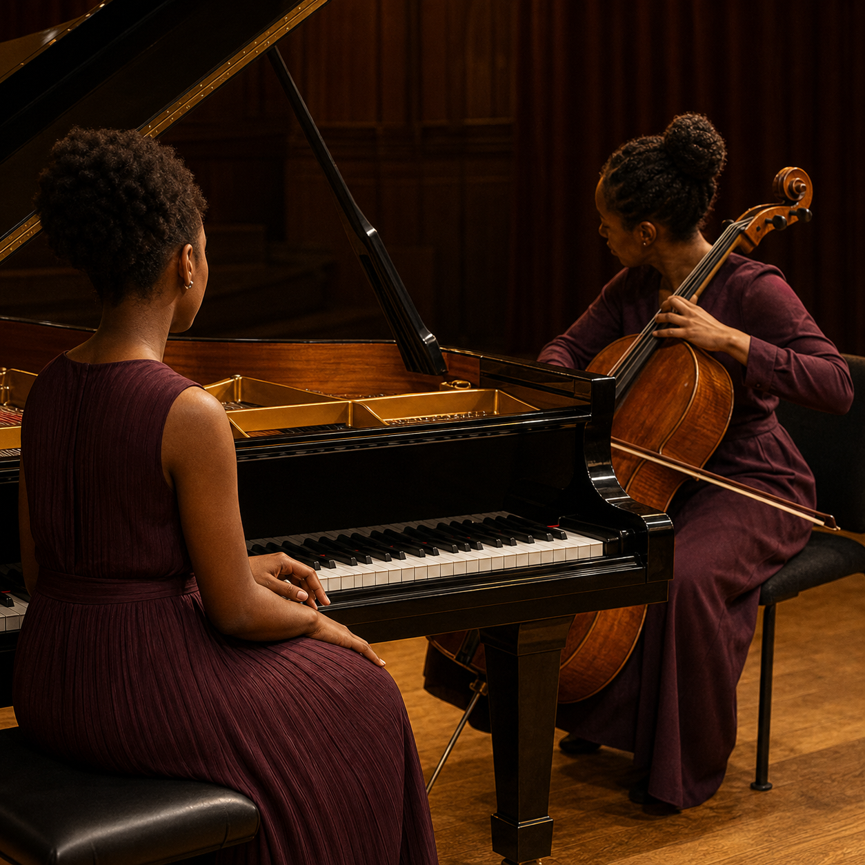Pianist and cellist rehearsing chamber music with responsive listening