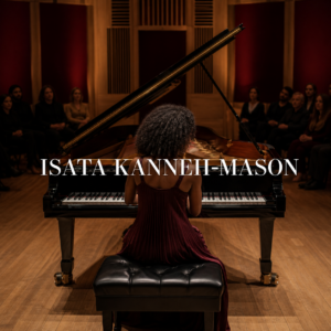 Isata Kanneh-Mason listening at a grand piano in a London recital hall