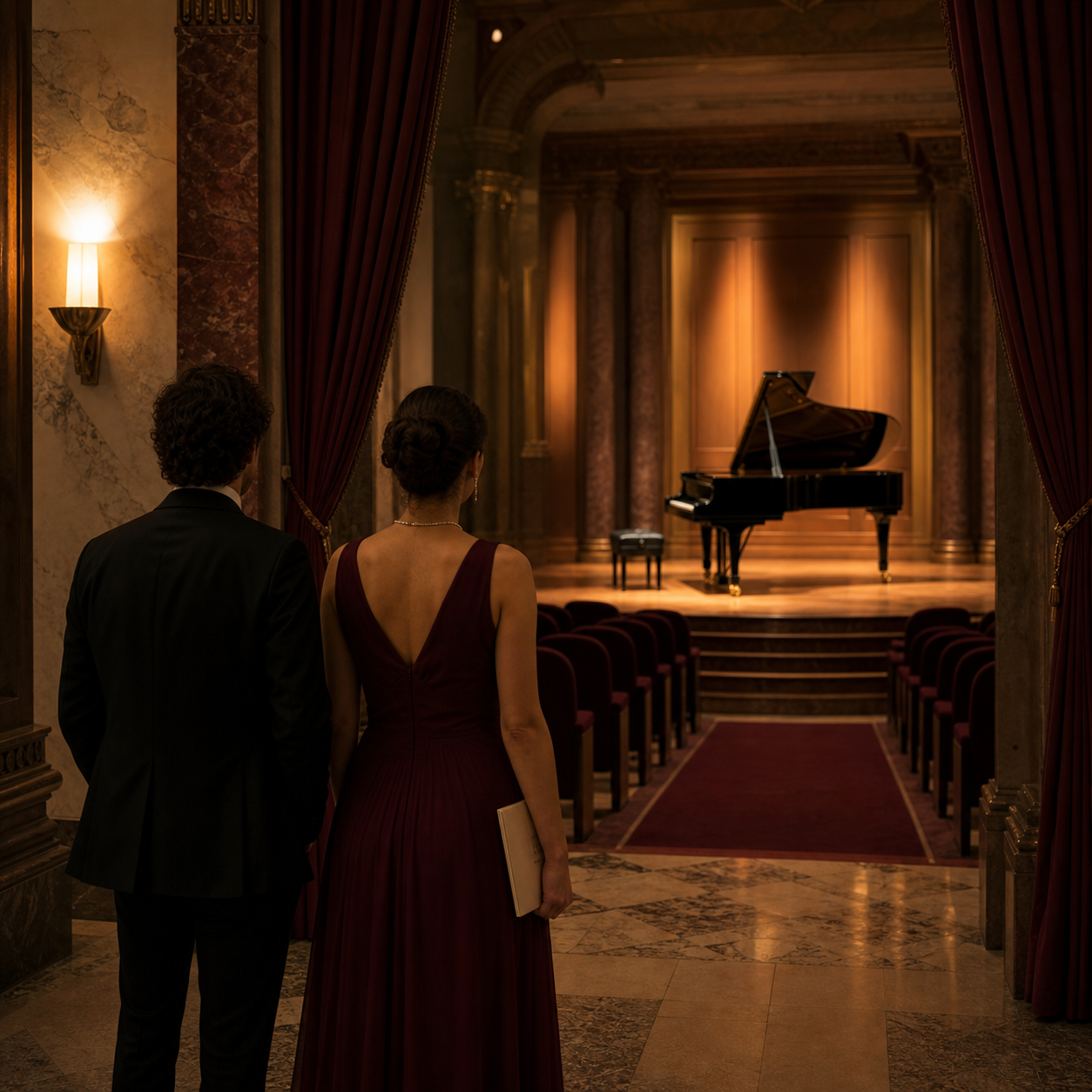 Adult listeners entering a London piano recital hall