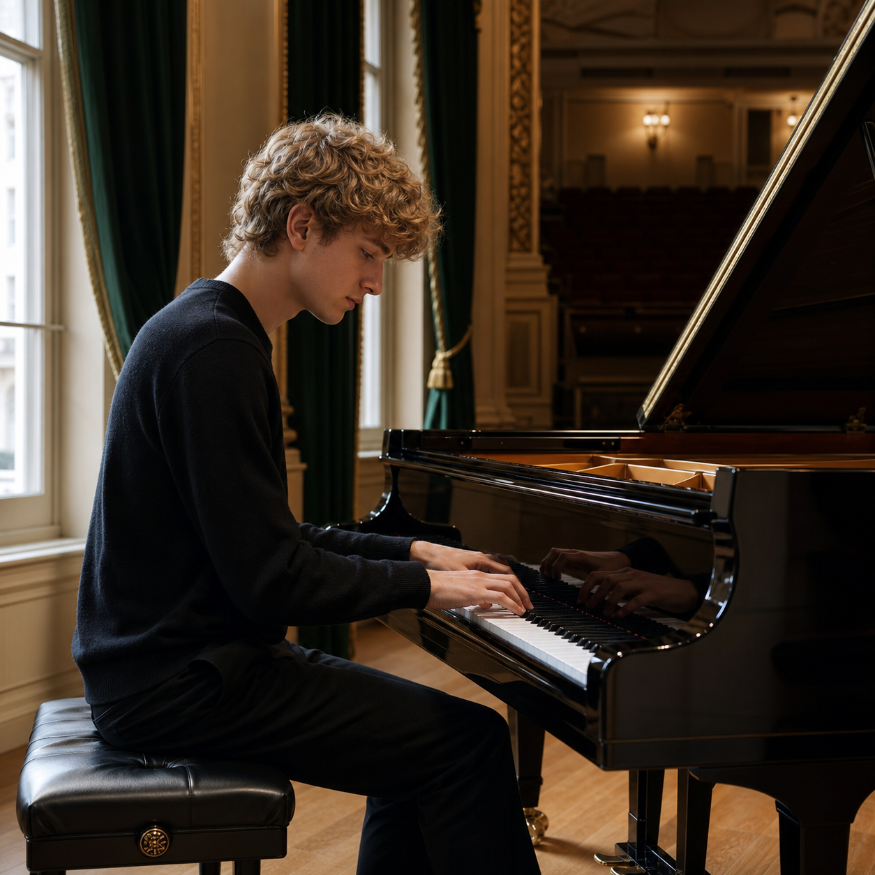 Jan Lisiecki preparing at a grand piano