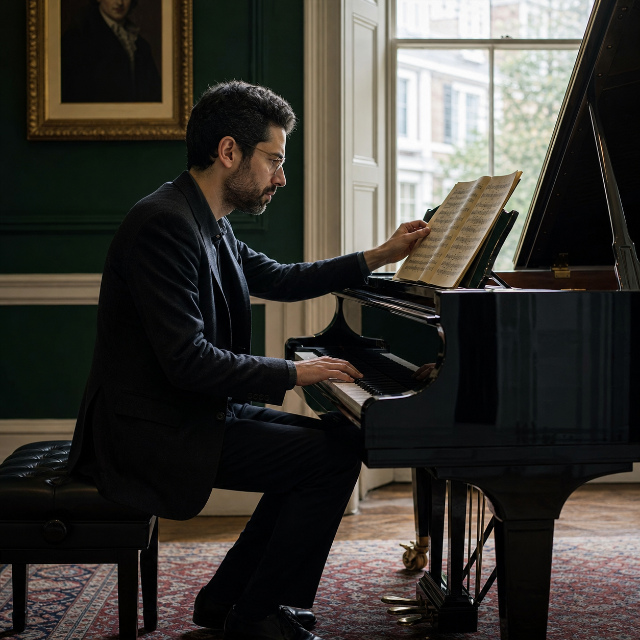 Jonathan Biss studying a Beethoven score at the piano