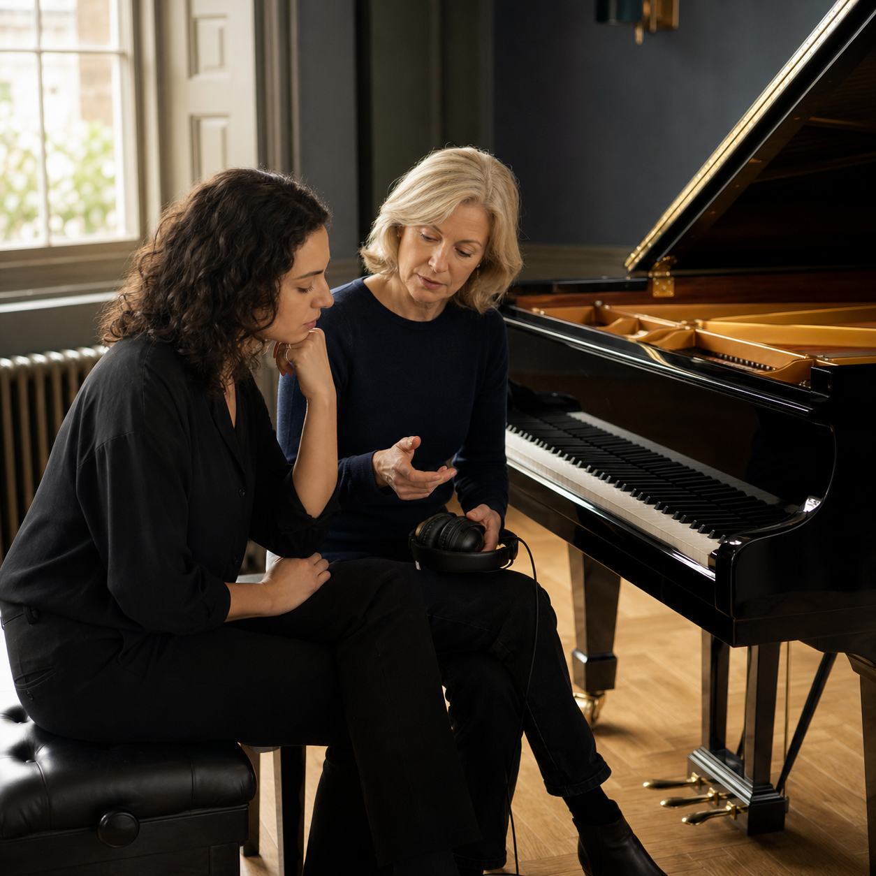 Adult pianist and teacher listening to a recording beside a grand piano
