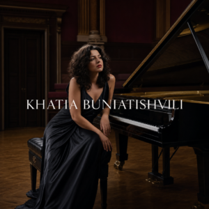 Khatia Buniatishvili beside a concert grand piano in an elegant London recital hall