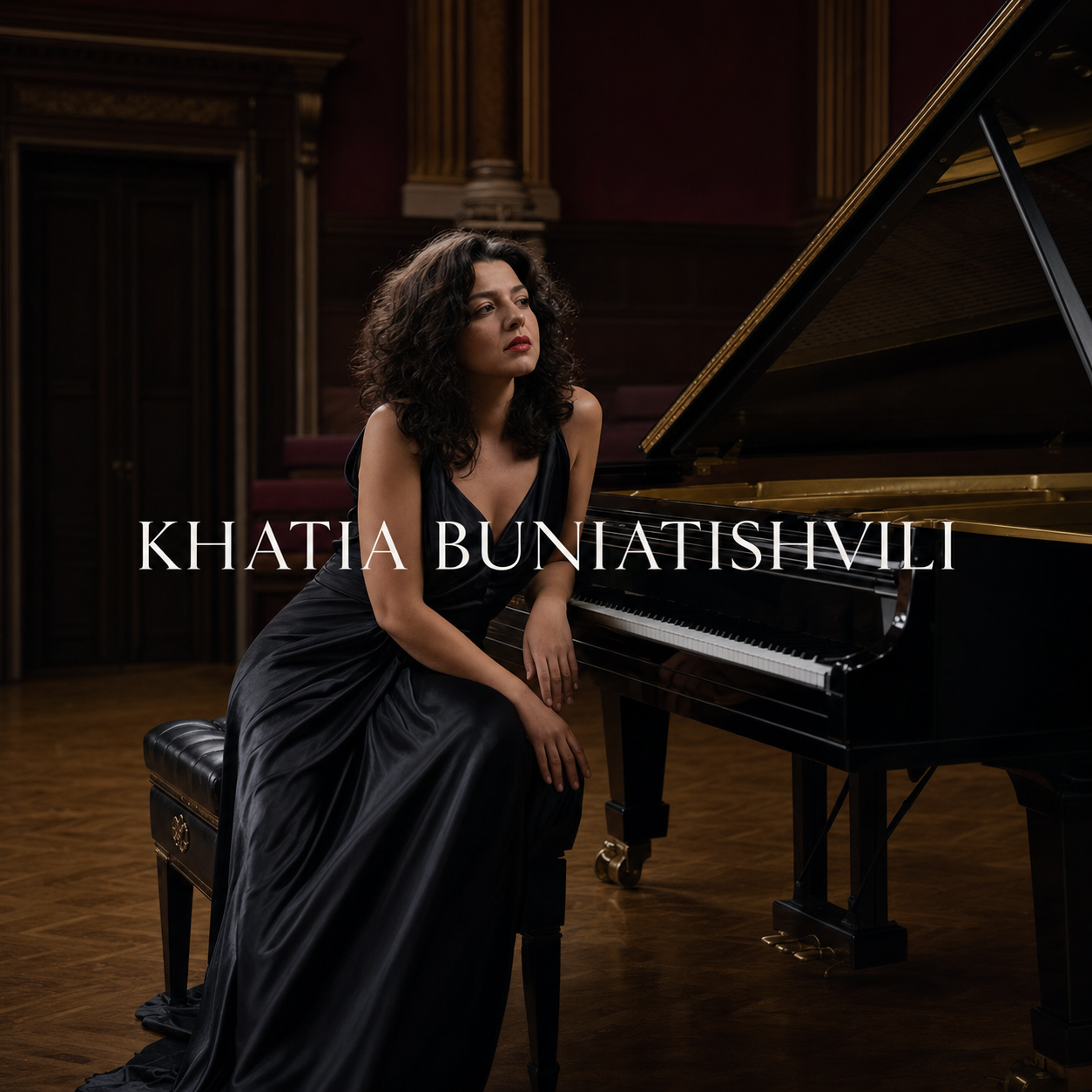 Khatia Buniatishvili beside a concert grand piano in an elegant London recital hall