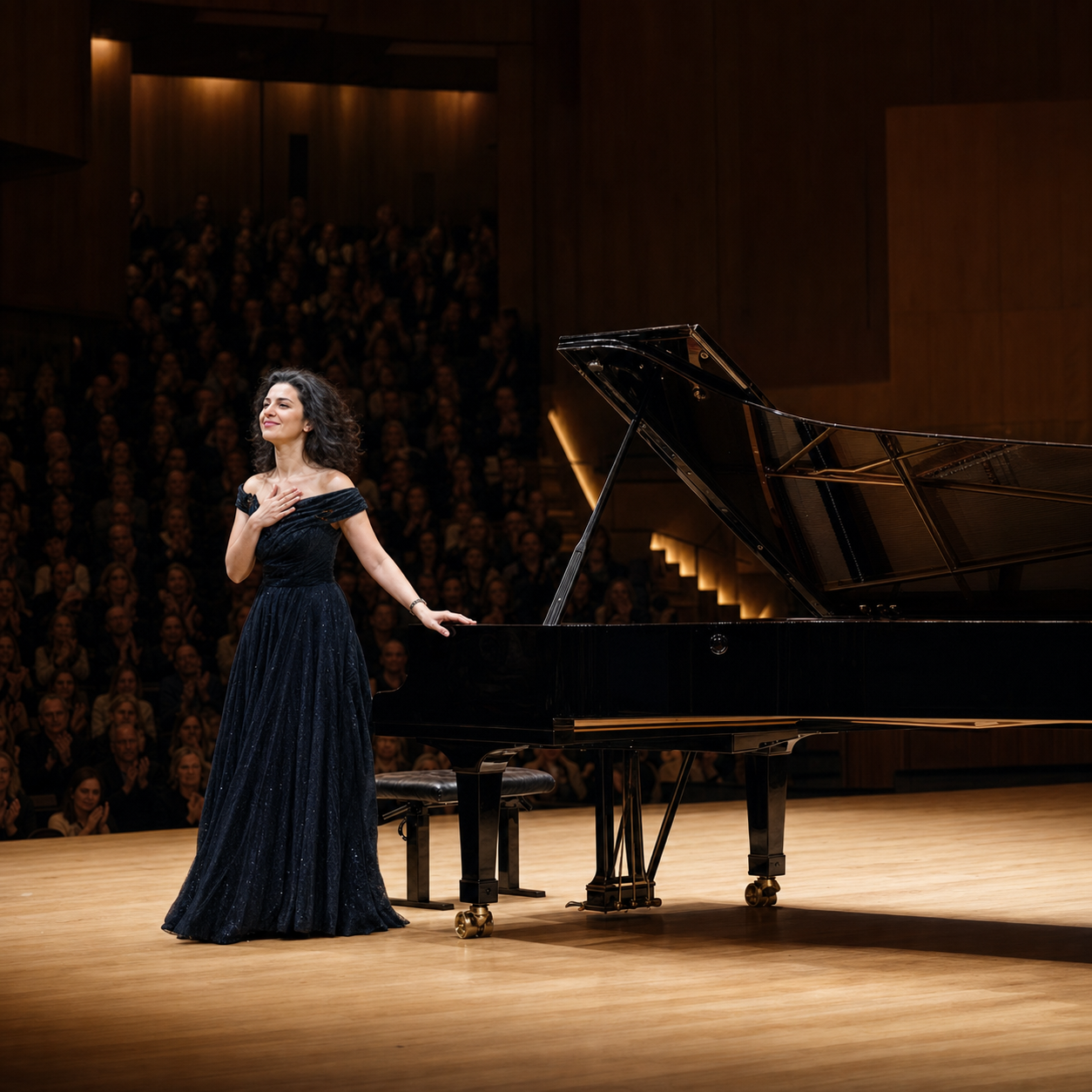 Khatia Buniatishvili acknowledging an audience beside a grand piano in a London concert hall