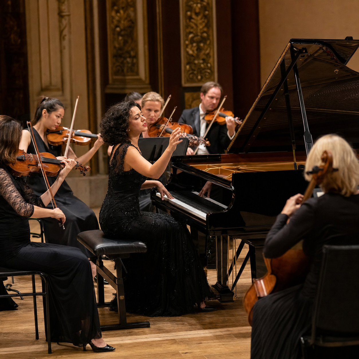 Khatia Buniatishvili directing a chamber orchestra from a grand piano in Mozart