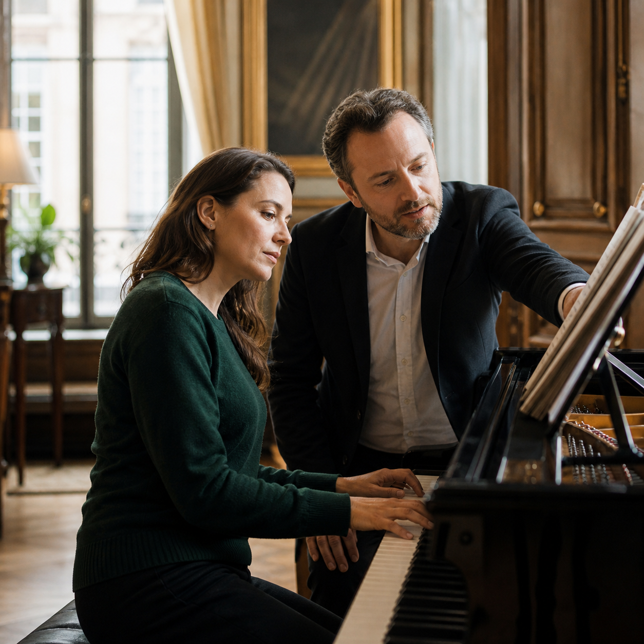 Adult piano learner and teacher studying musical detail in a London studio