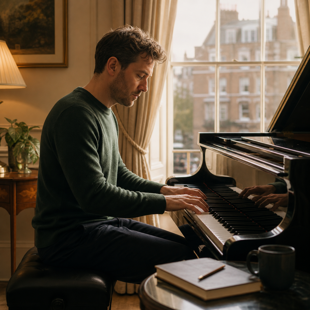 Adult pianist practising calmly at a grand piano after work