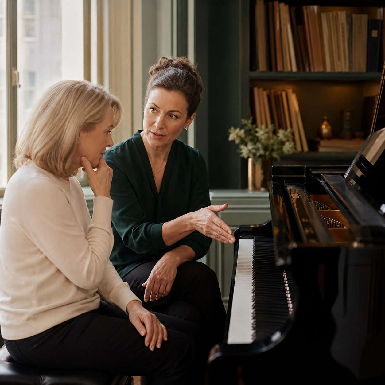 Adult piano student and teacher discussing repertoire choice at a grand piano