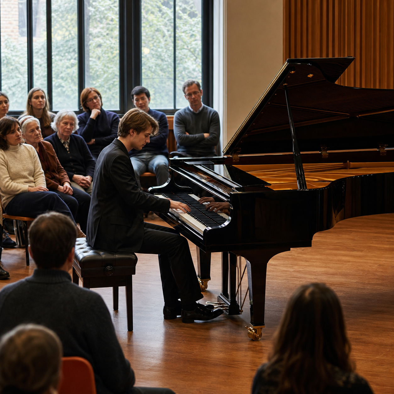 Piano student performing in a London conservatoire recital room