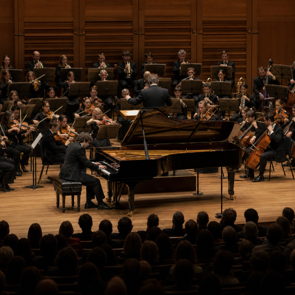 Piano concerto performed with a full orchestra before a London audience