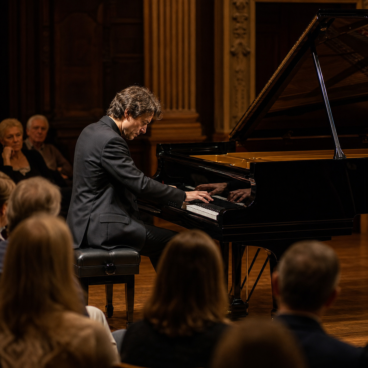 Pianist performing a solo recital in an intimate London concert hall