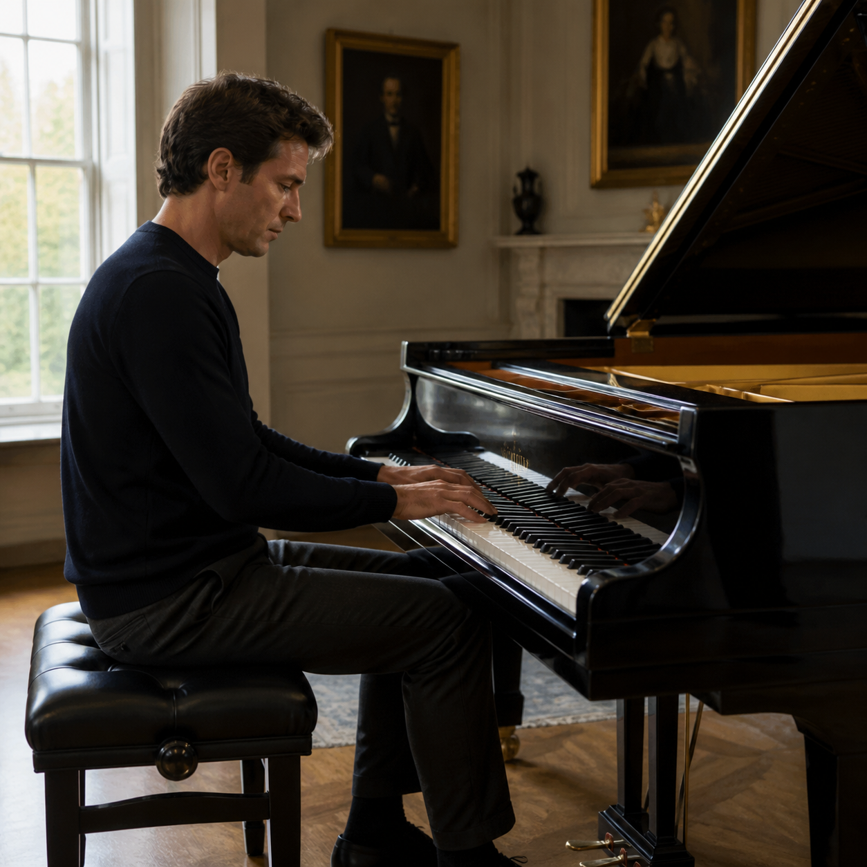 Adult hands using a slow piano pattern for mindfulness