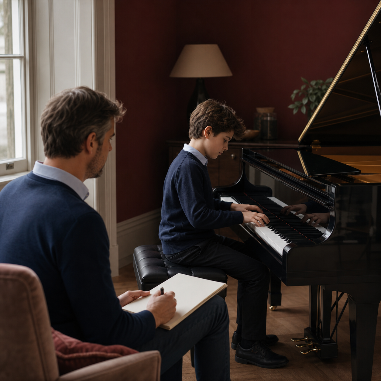 Parent considering evidence while a child studies piano