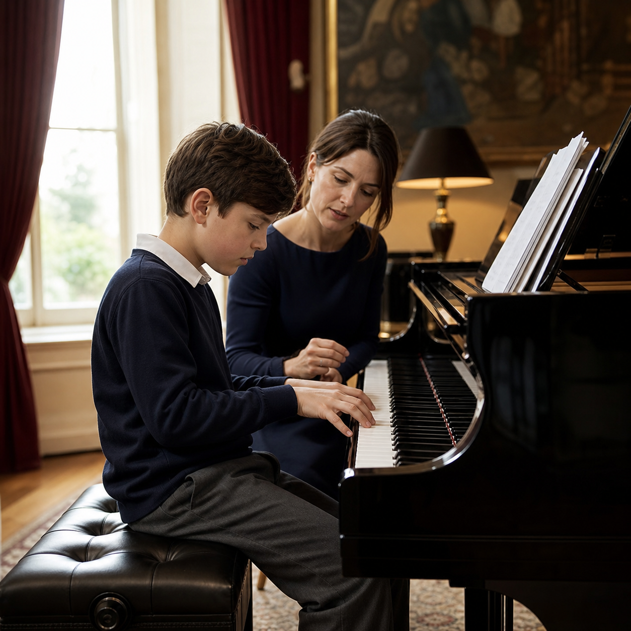 Young pianist developing focused learning habits with a teacher