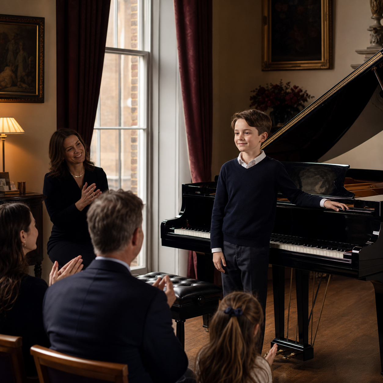 Young pianist sharing musical progress with a supportive family and teacher