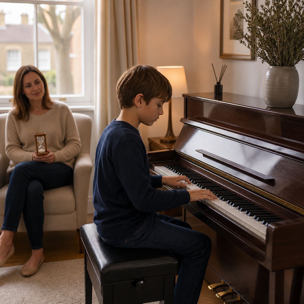 Teenage piano pupil receiving a calm step-by-step lesson adapted to attention needs