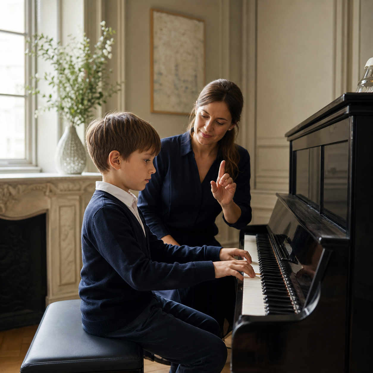 Child and piano teacher practising musical attention through a rhythmic cue