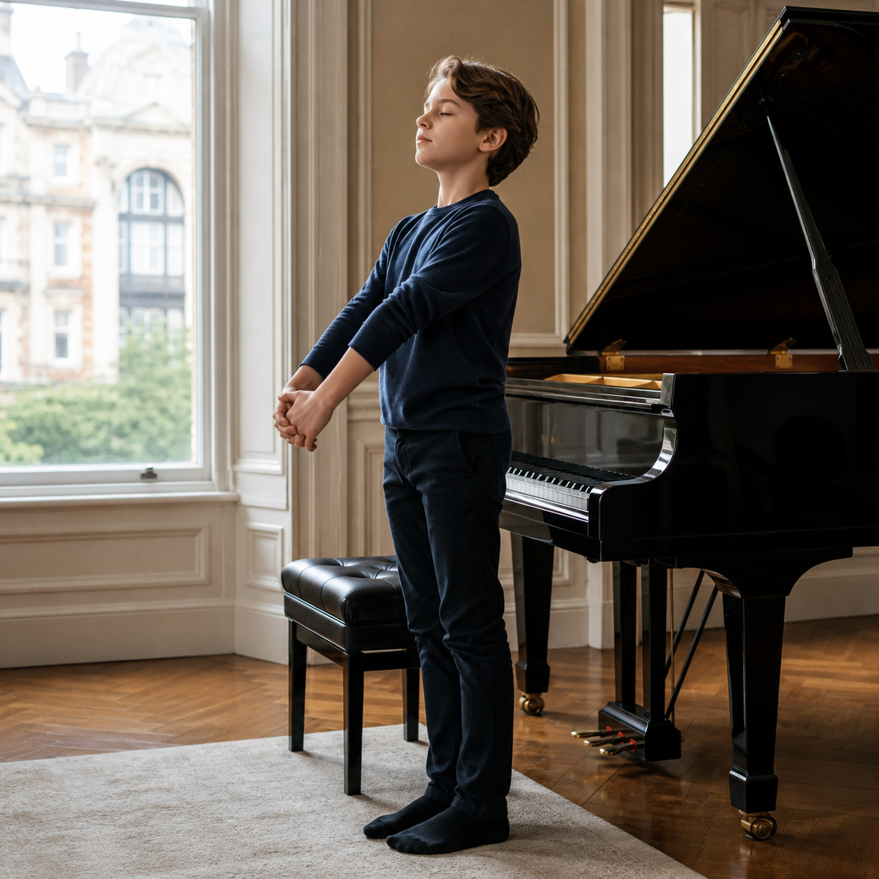 Child completing a short focused piano practice with quiet parental support