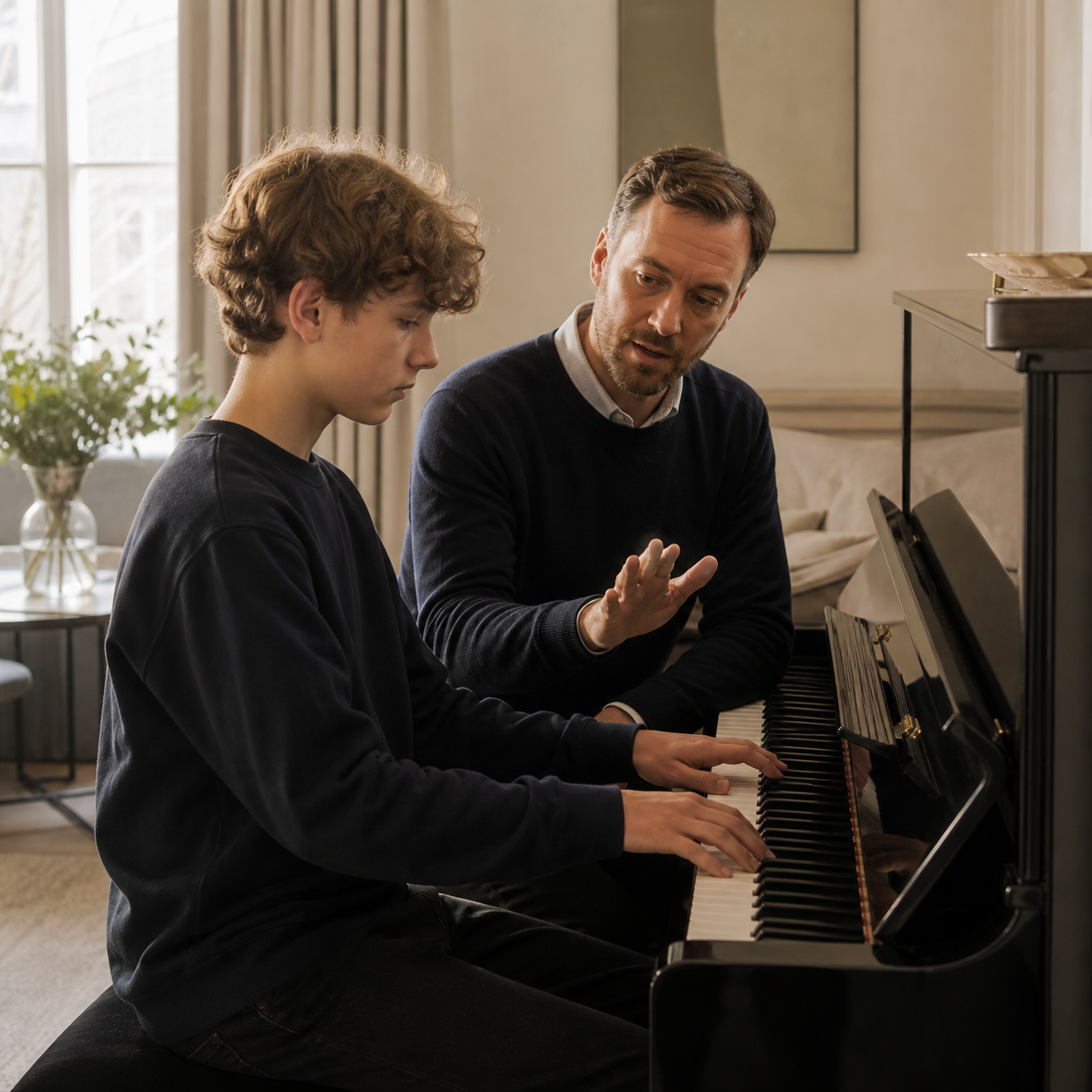 Young pianist taking a calm movement break before returning to focused practice
