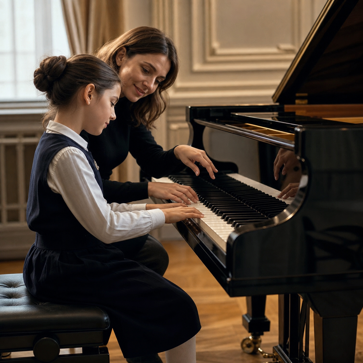 A child completing an achievable piano challenge with precise teacher feedback