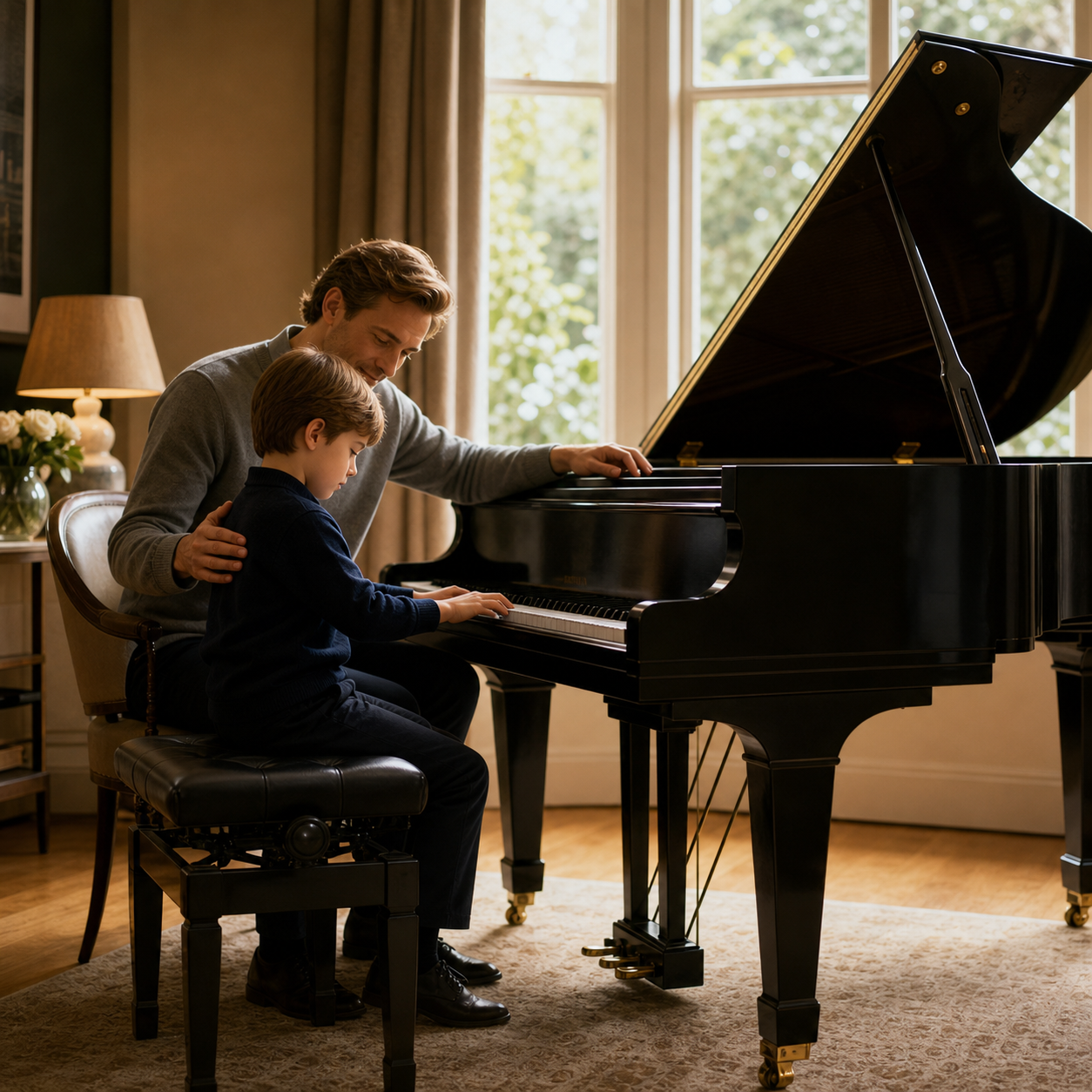 A parent supporting a calm piano practice routine that builds a child's independence
