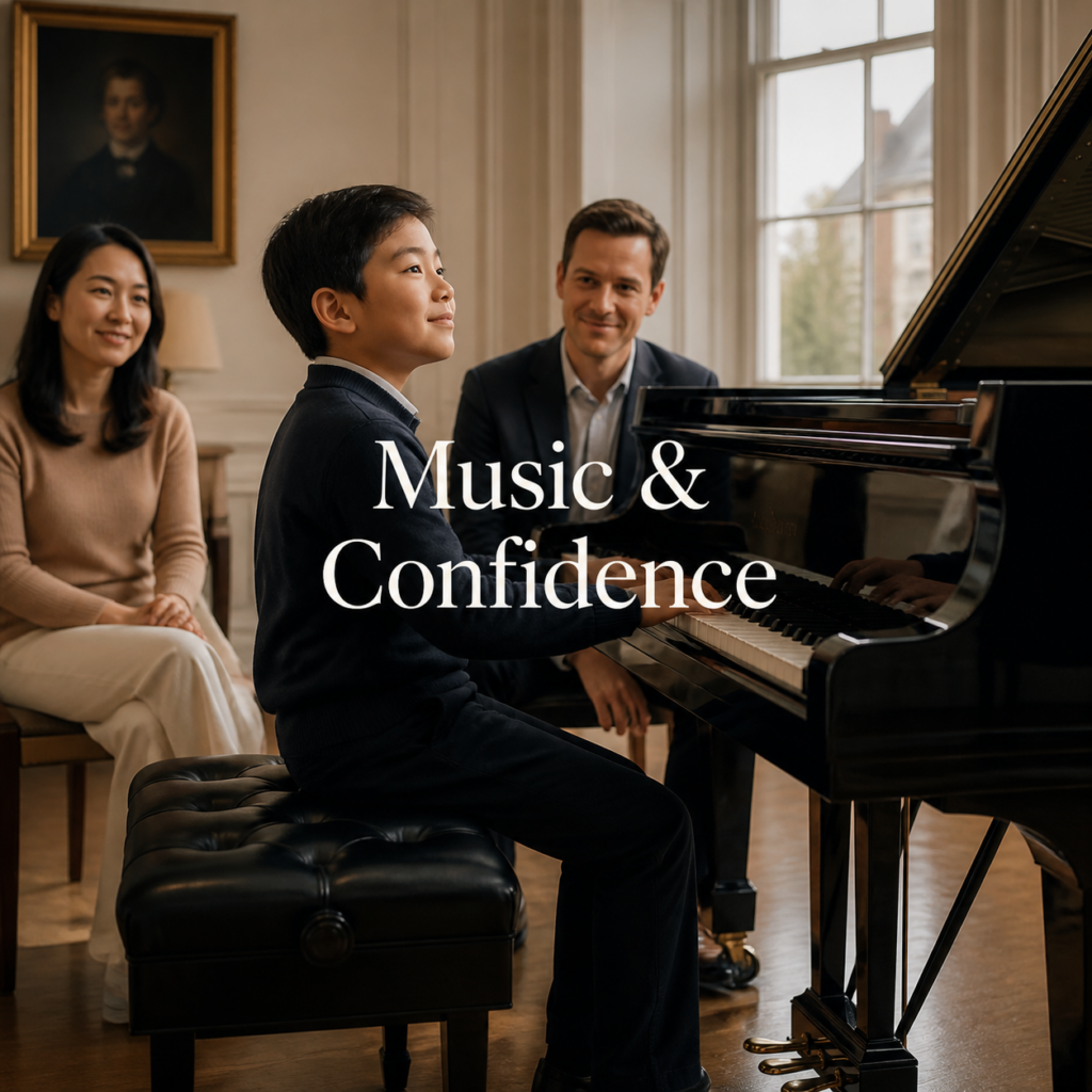 Music and confidence growing as a child plays piano with a supportive parent and teacher
