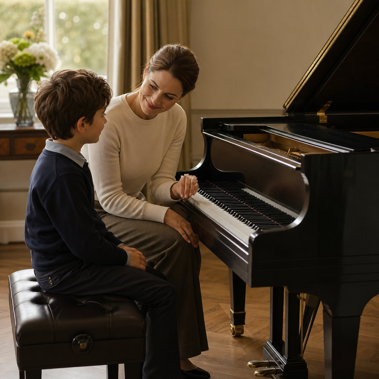 A piano teacher helping a child reset calmly after a musical mistake