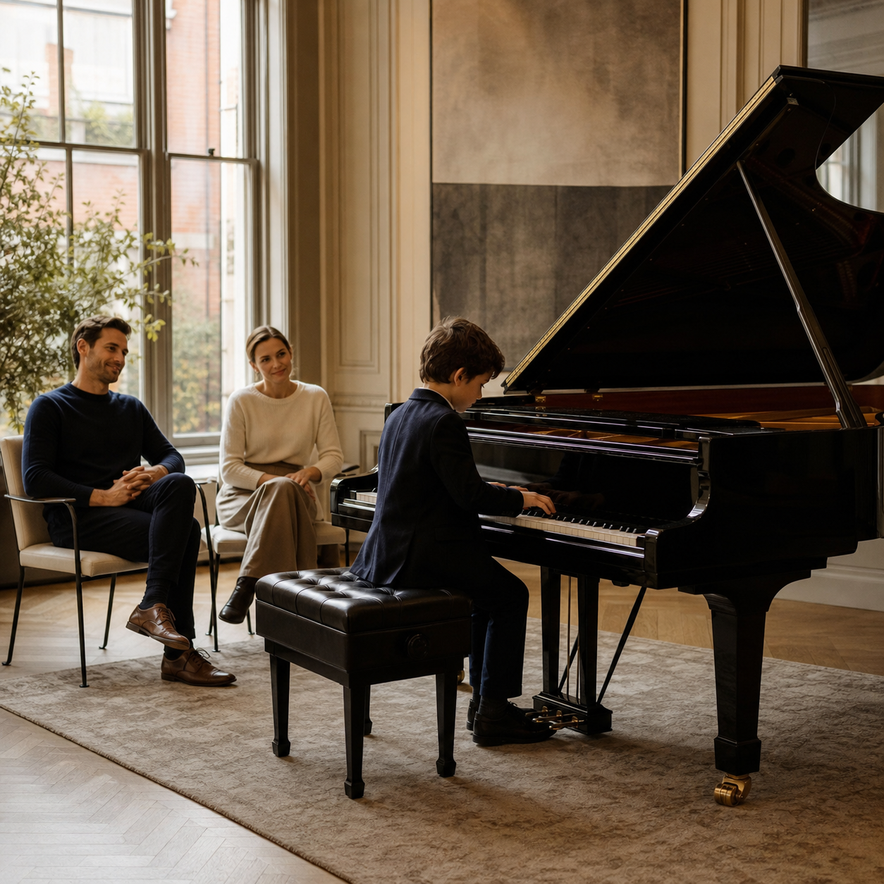 A young pianist building confidence by performing for a small supportive family audience