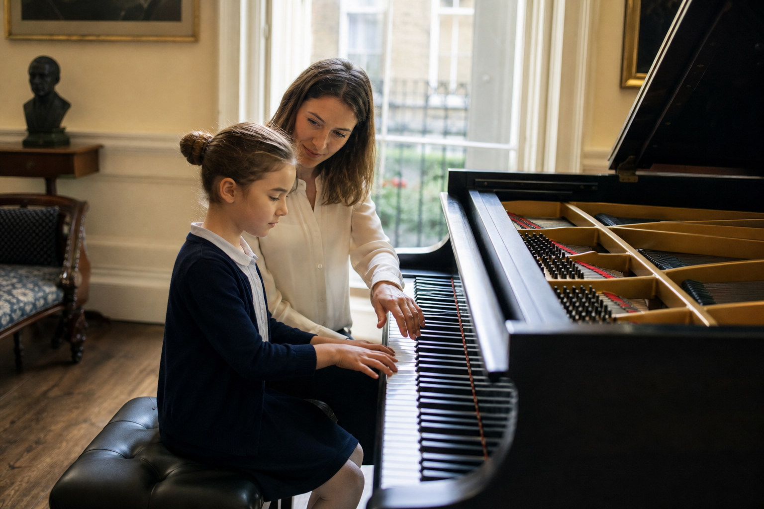 Child and teacher exploring musical creativity at a grand piano