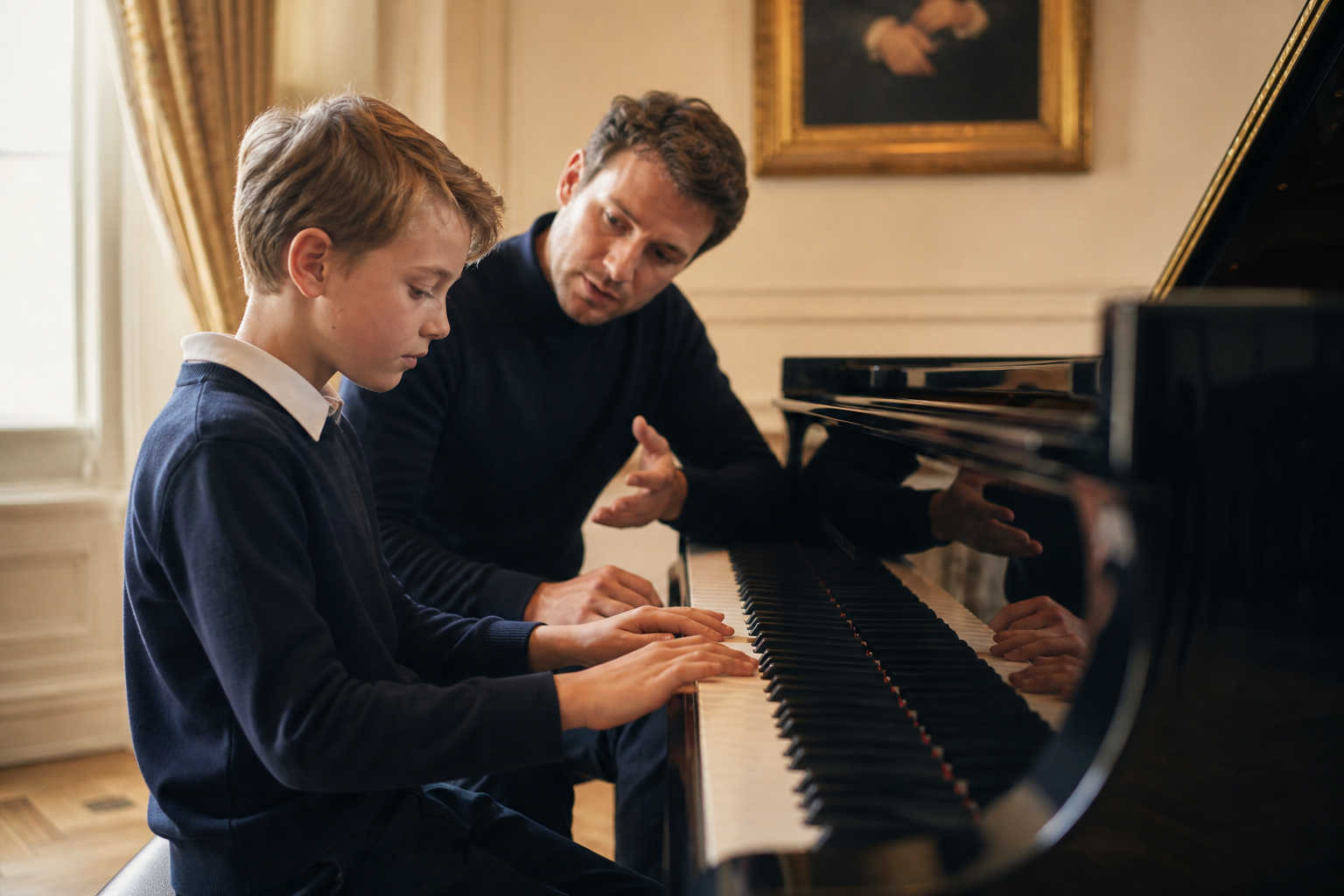 Teacher guiding a child through a creative piano phrase