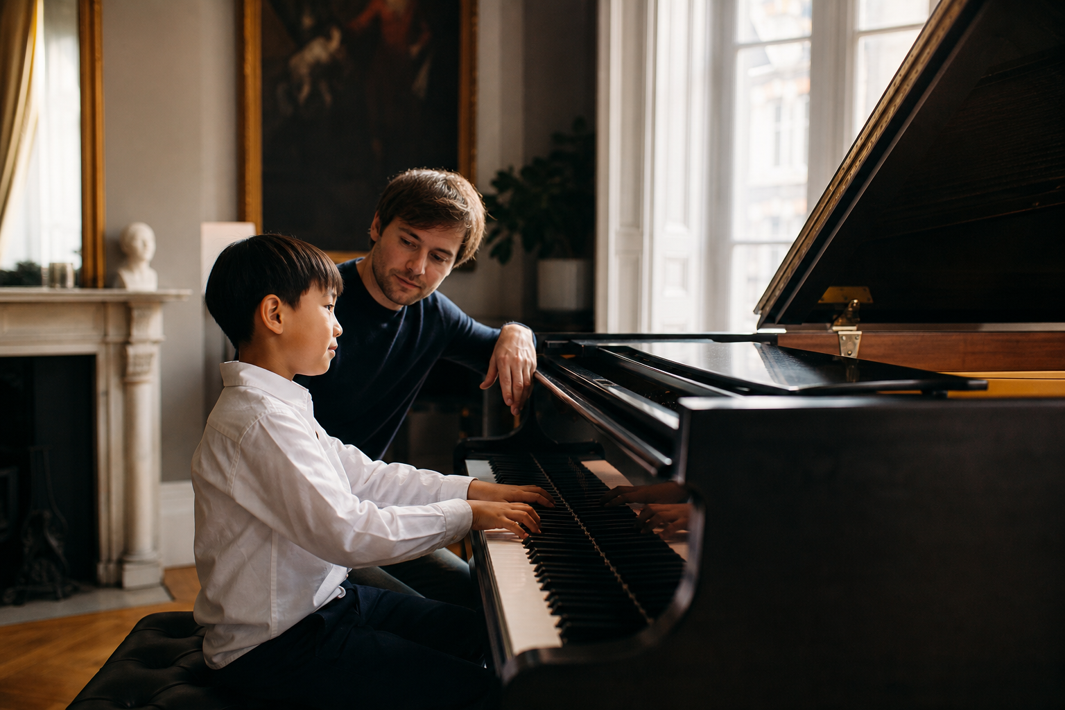 Young pianist listening to a creative phrase with a teacher