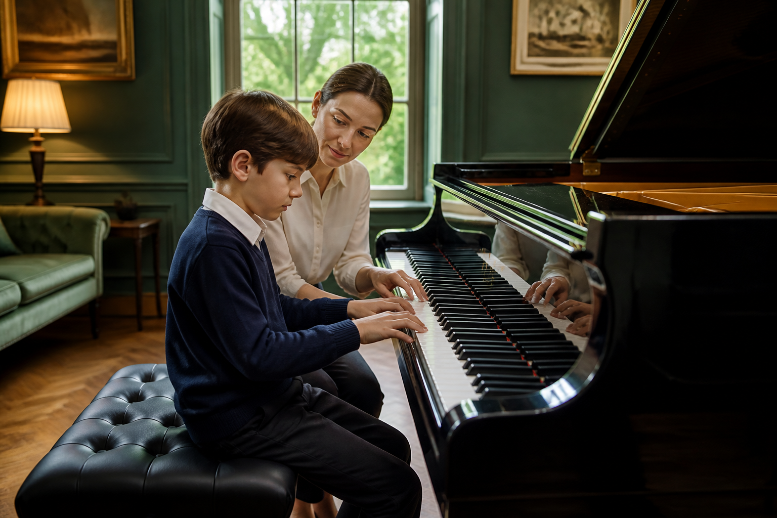 Music and discipline lesson where a child repeats a piano passage patiently
