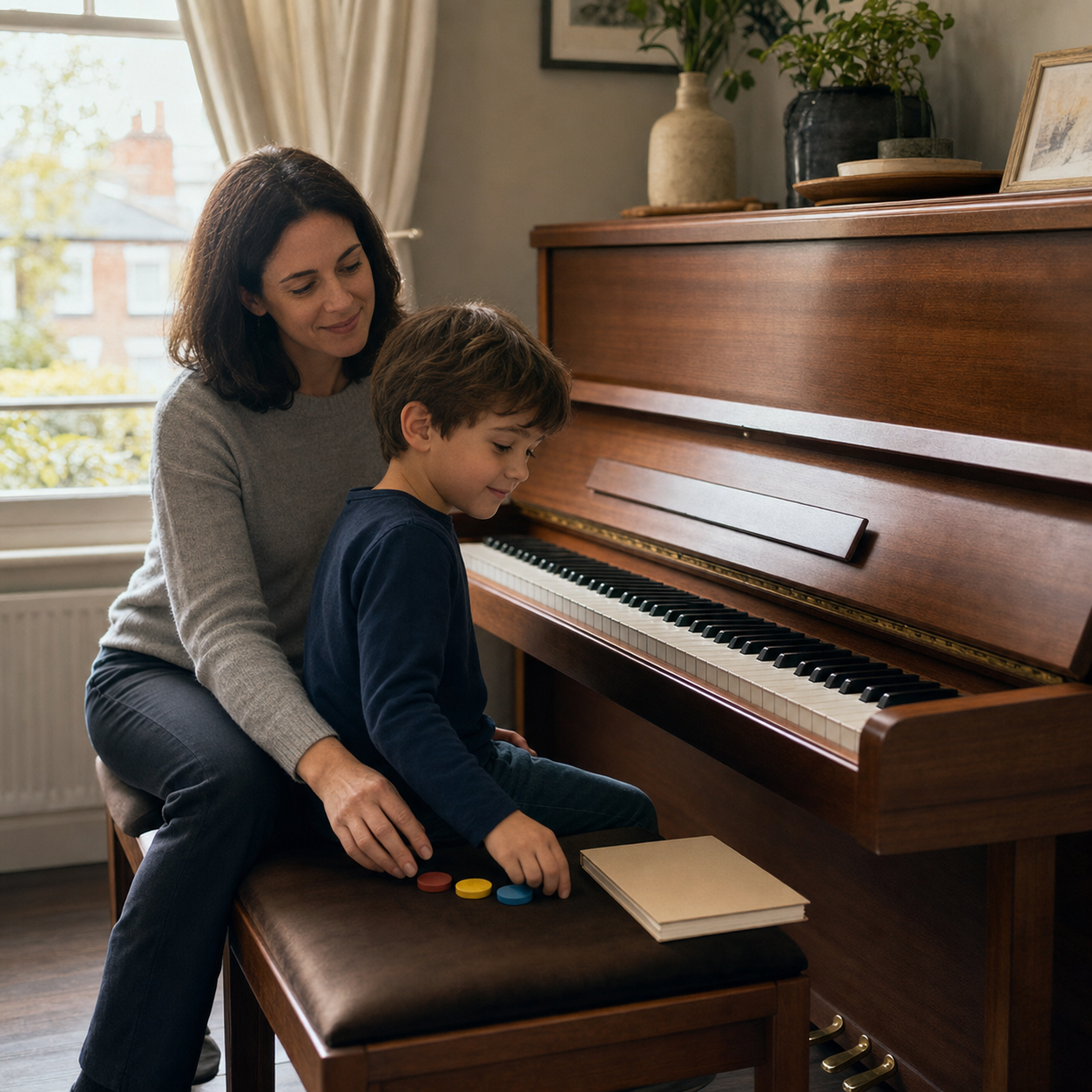 Planning a Child's Piano Practice Parent and child using simple tokens to plan a manageable piano practice routine