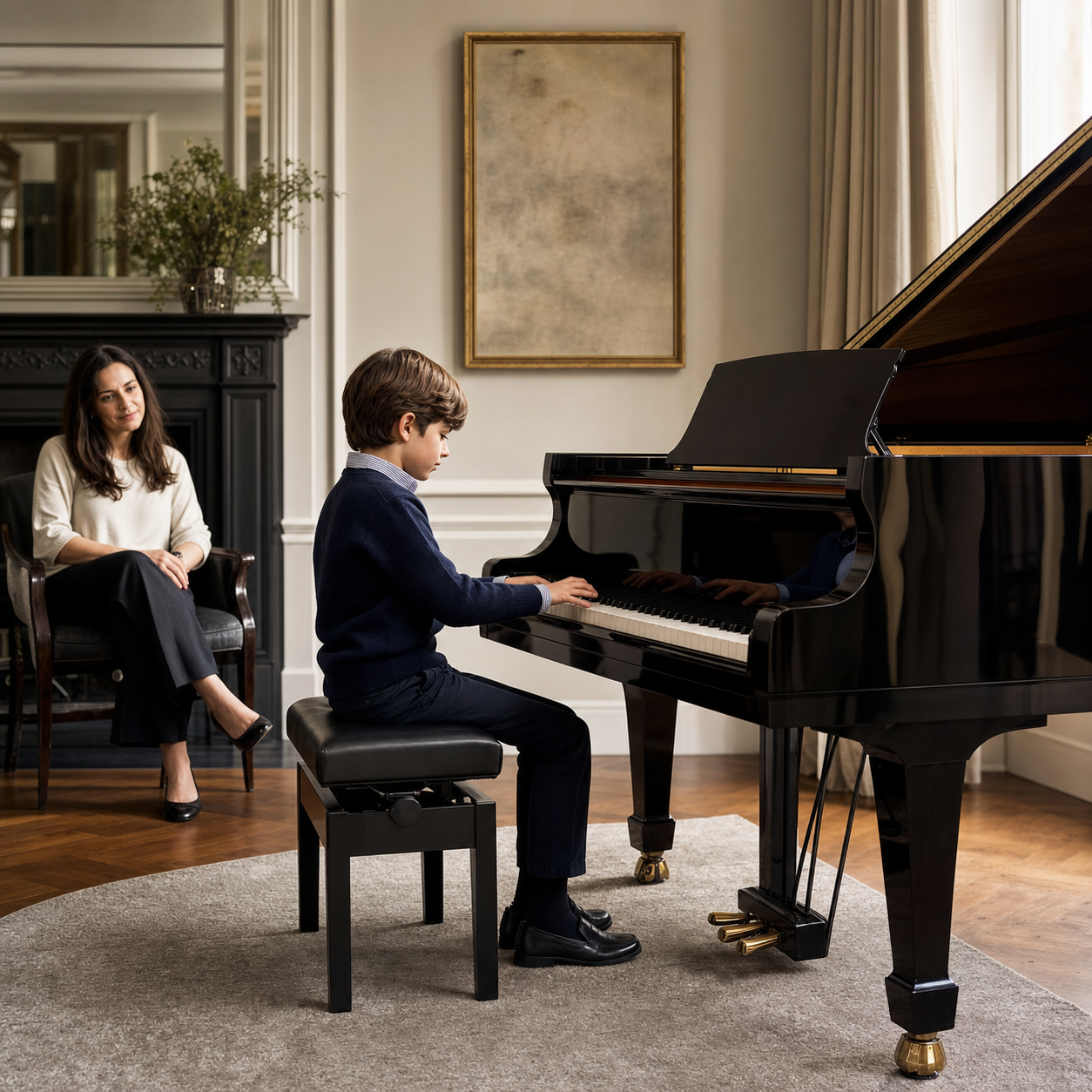 Working Memory in Piano Practice Child repeating a piano pattern while a parent supports working memory and calm practice