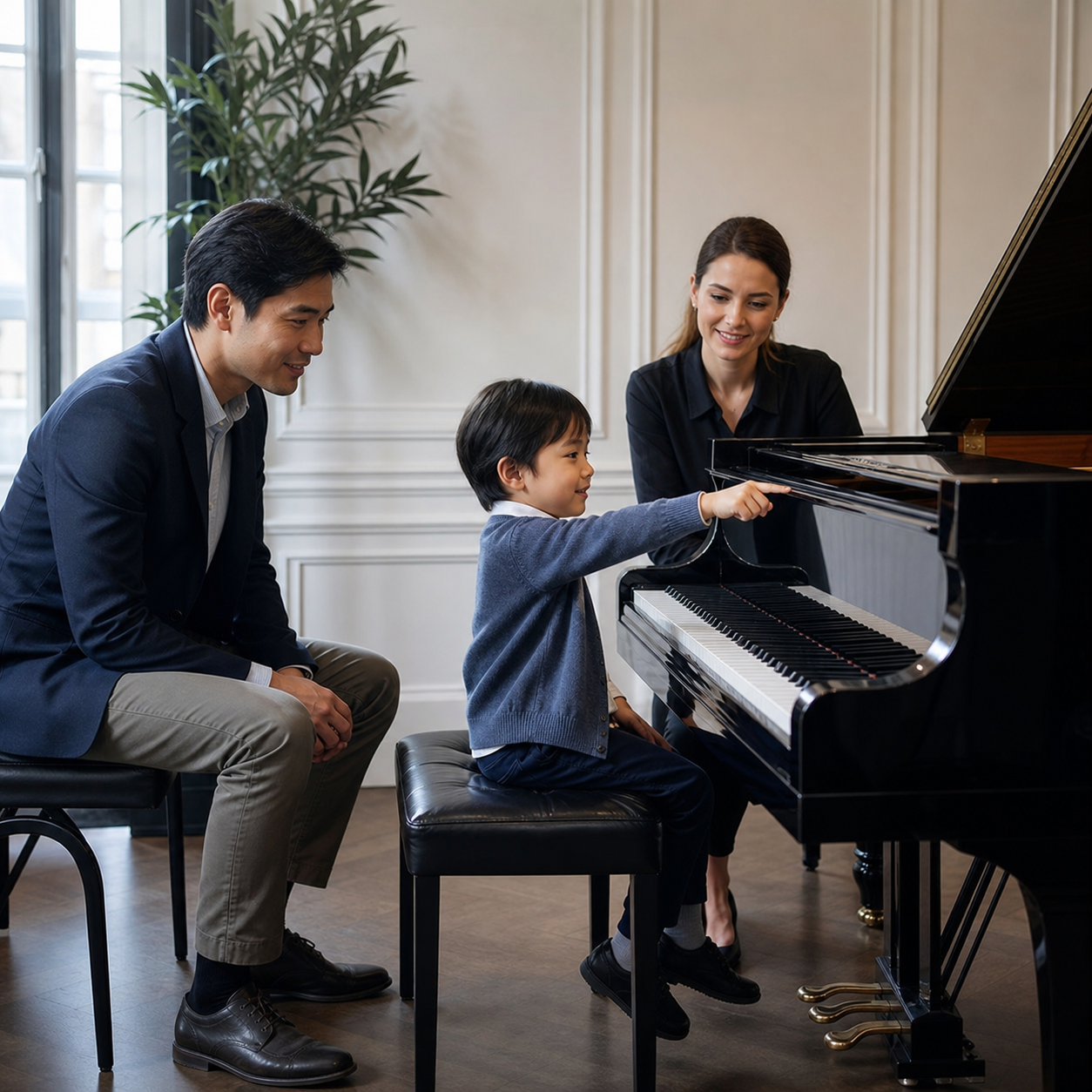 Parent observing music and language learning during a piano lesson