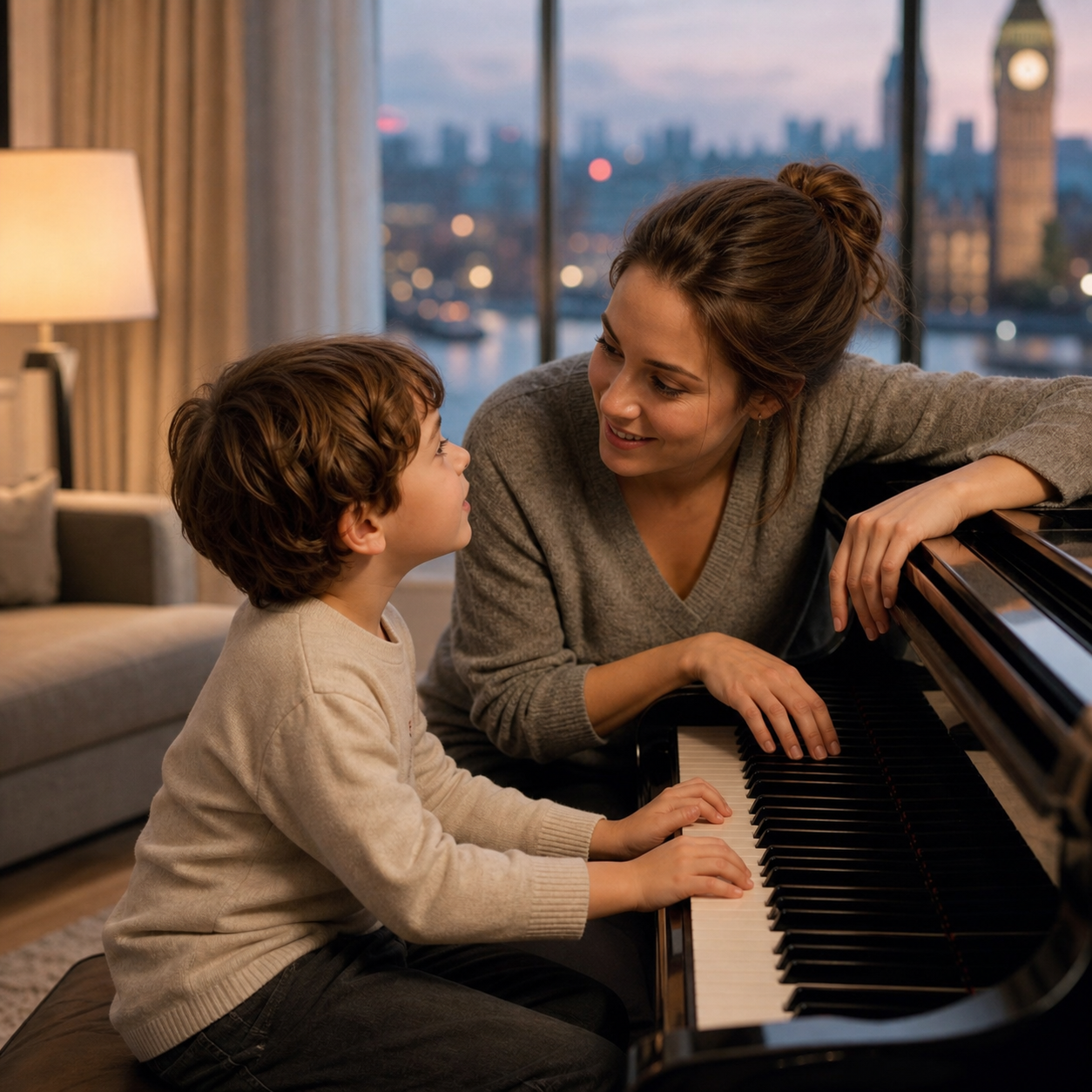 Parent and child sharing a music and language piano routine