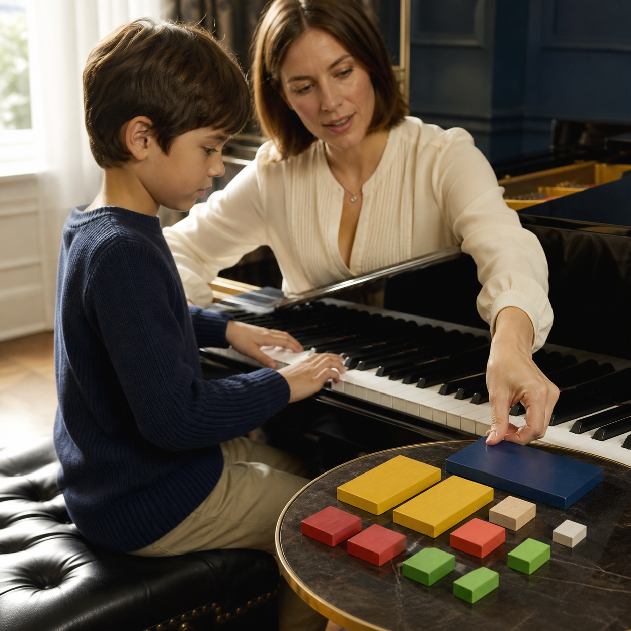 Musical duration and fractions Child at a piano using coloured blocks to compare whole, half, quarter and eighth durations
