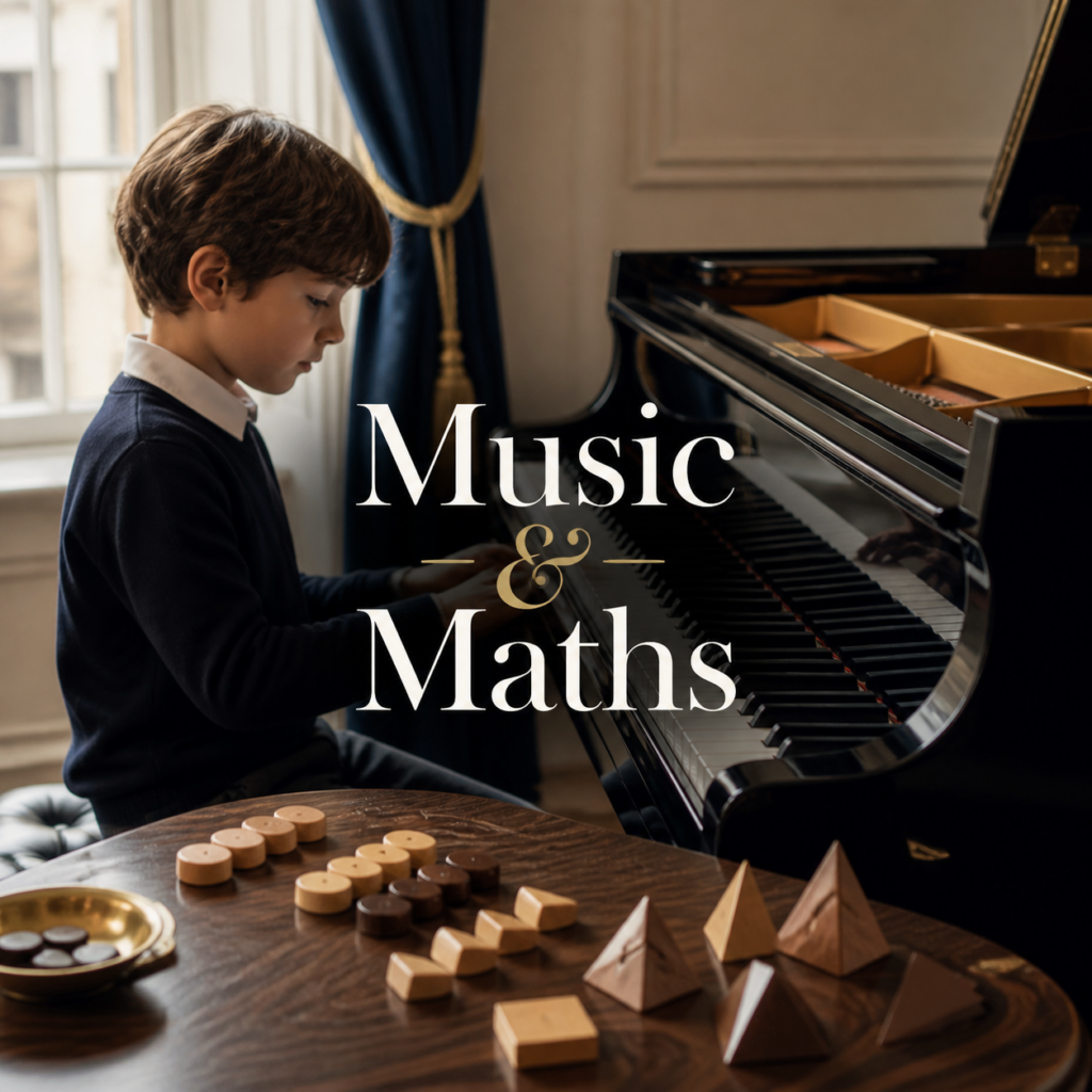 Music and maths explored by a child at a piano with grouped counters and geometric shapes