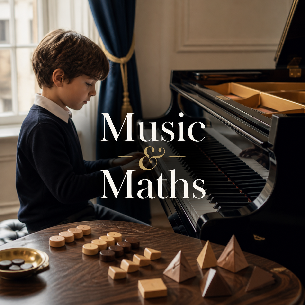 Music and Maths Music and maths explored by a child at a piano with grouped counters and geometric shapes