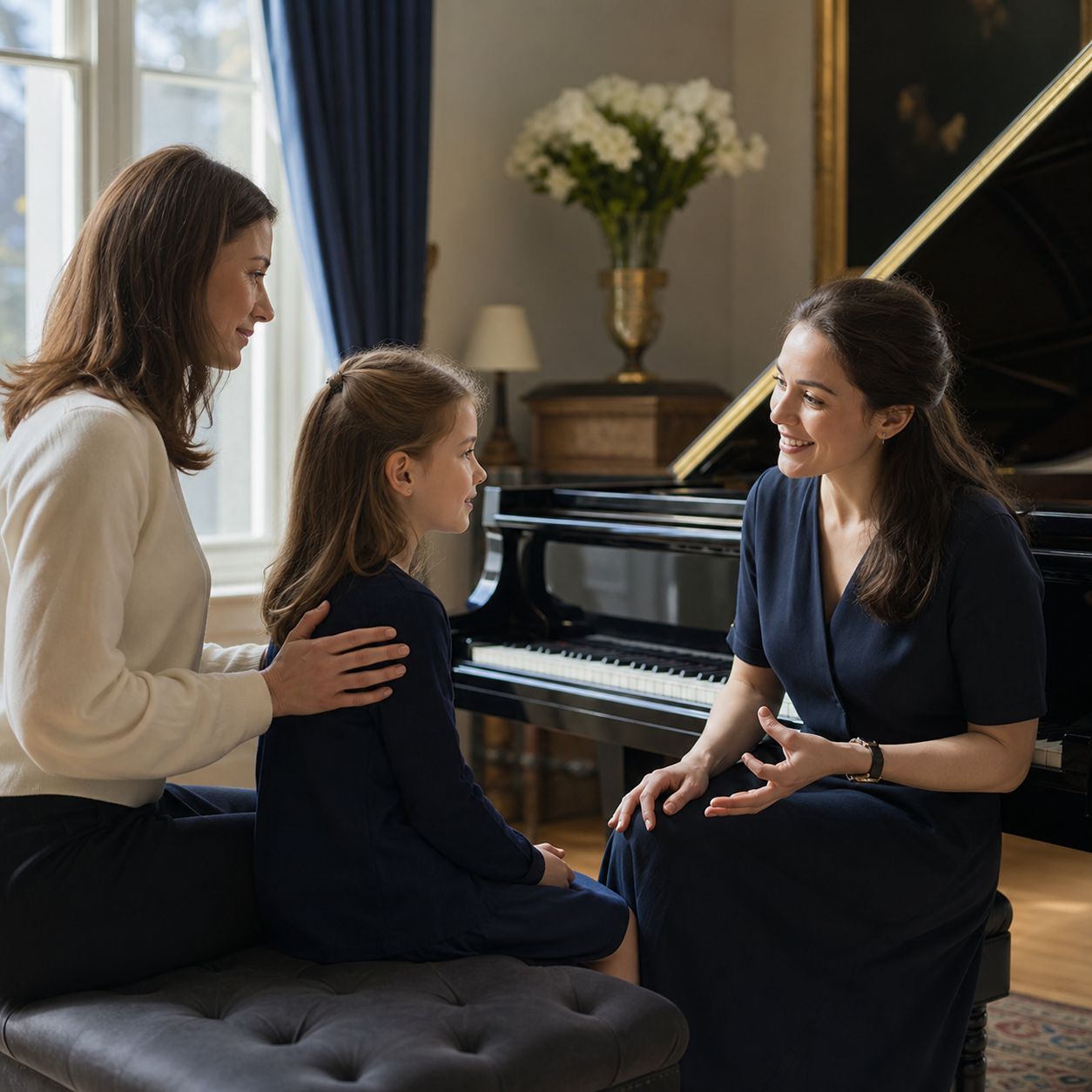A thoughtful piano lesson pathway for children Parent, child and piano teacher discussing a clear and reassuring learning pathway