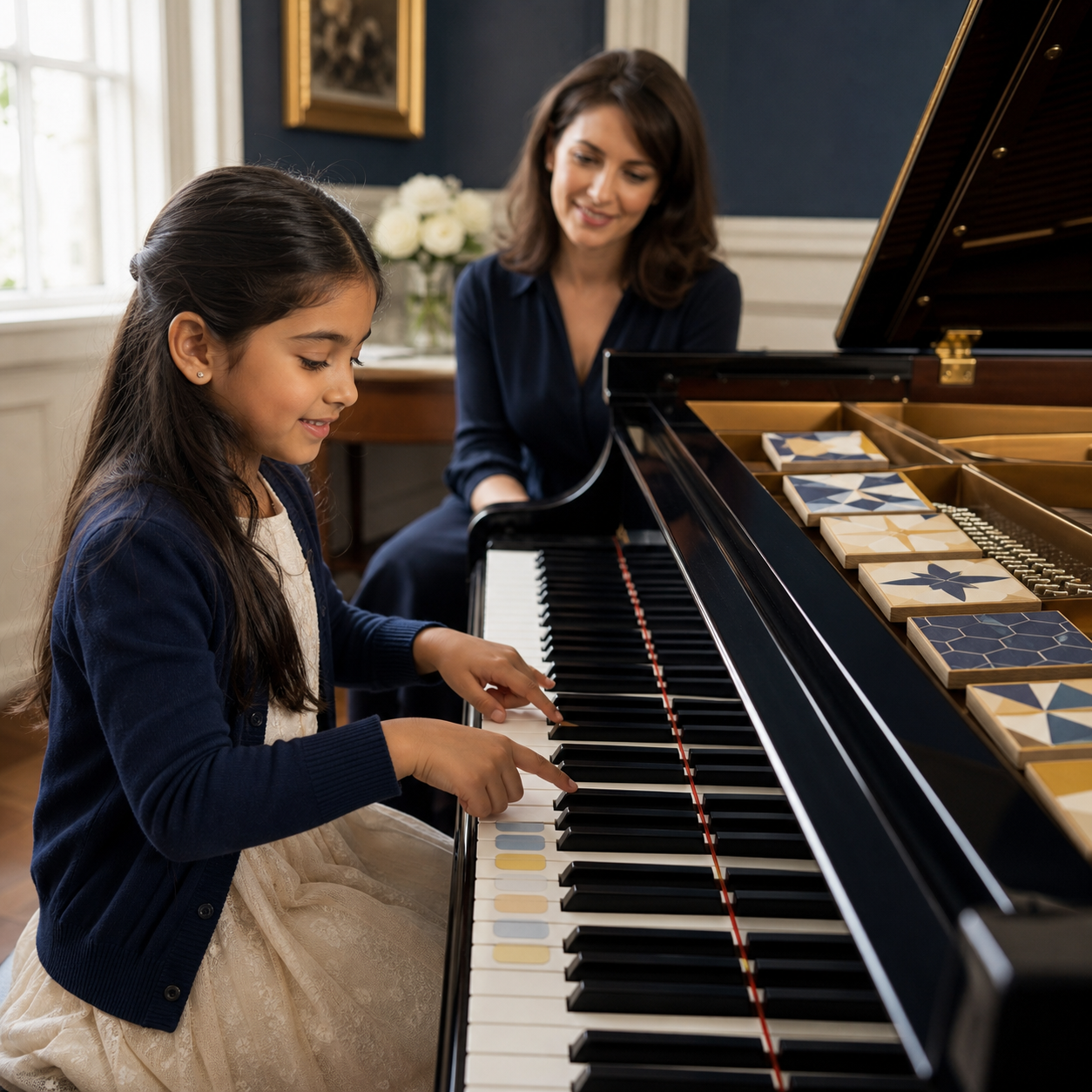 Pattern and sequence in piano learning Older primary pupil discovering repeating keyboard and geometric patterns with a piano teacher